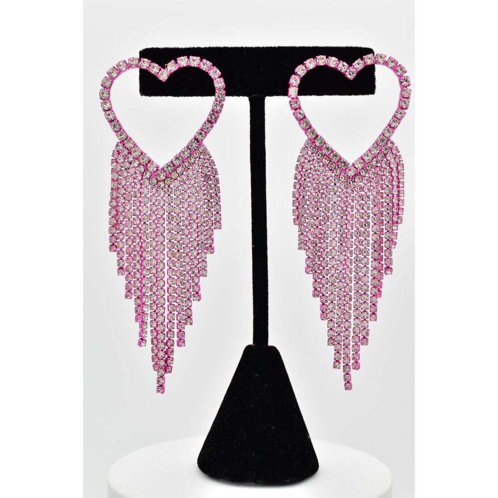 Vintage Heart Crystal Earrings Fringe Rhinestone Barbie Hot Pink Shiny Y2K Bin1